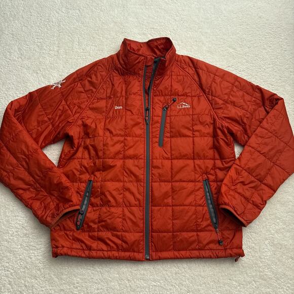 LL Bean Primaloft Packaway Hooded Jacket Mens Size L Orange Full Zip Quilted - Picture 1 of 9